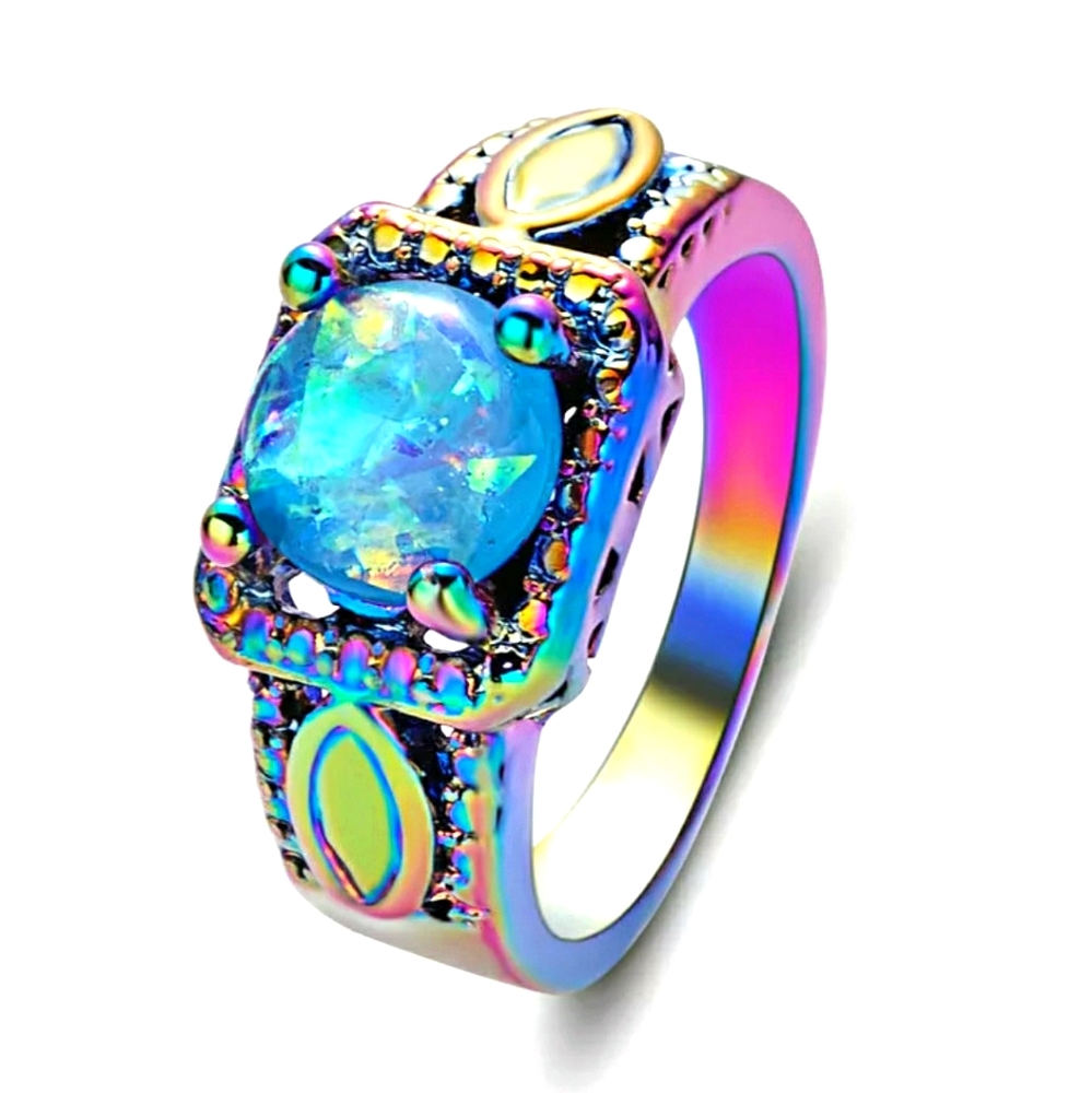 *Sale* New Blue Fire Opal Rainbow Hematite Ring.